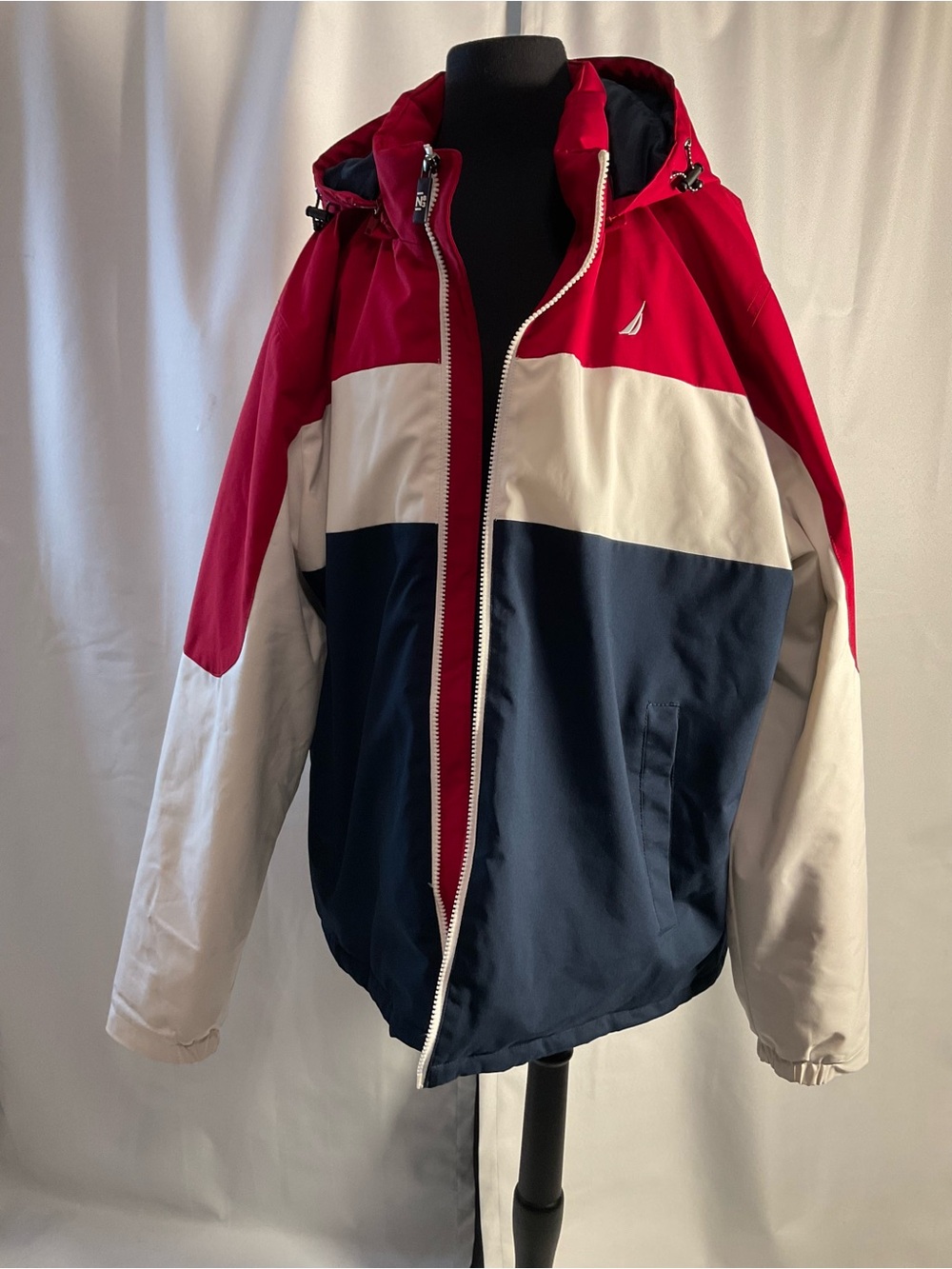 Nautica Red, White & Navy Colorblock Hooded Windbreaker 2XL